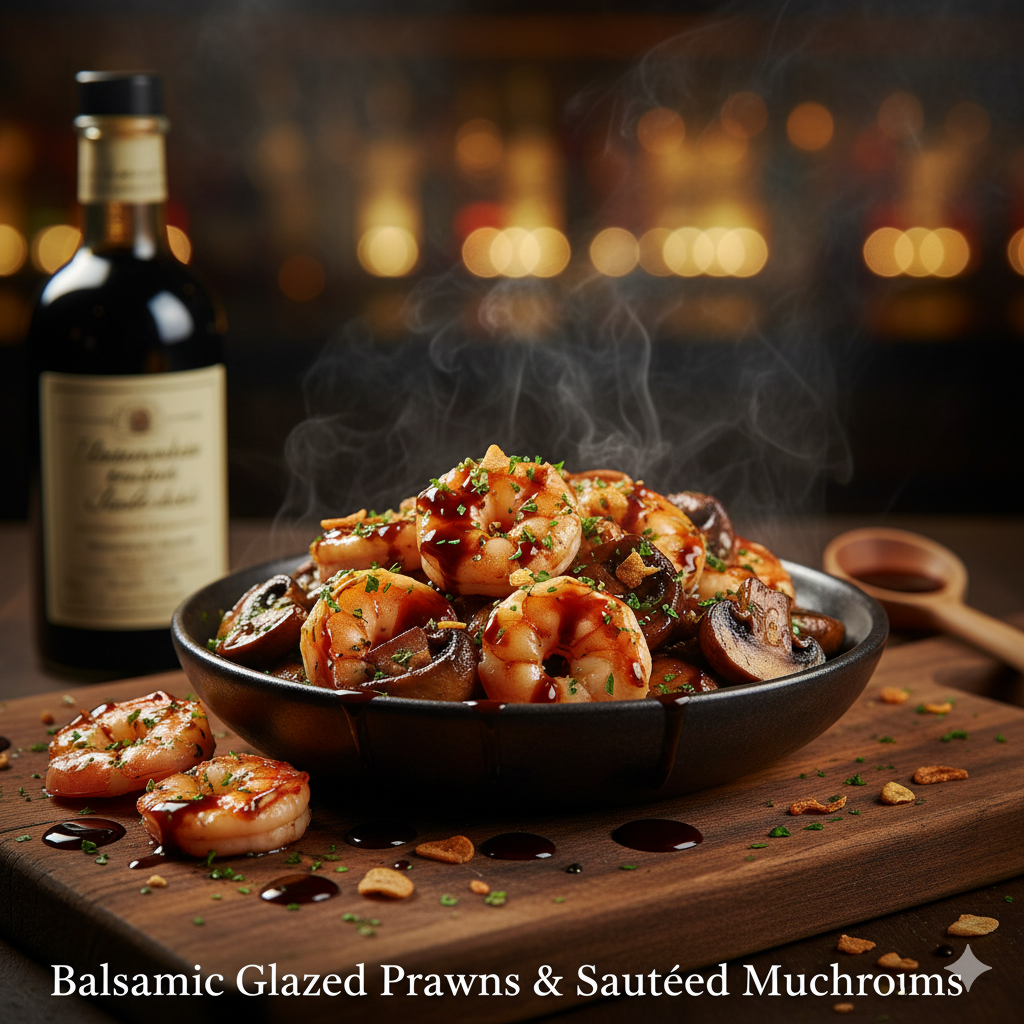 鮮蝦蘑菇佐巴薩米克醋 (Balsamic Glazed Prawns & Sautéed Mushrooms)