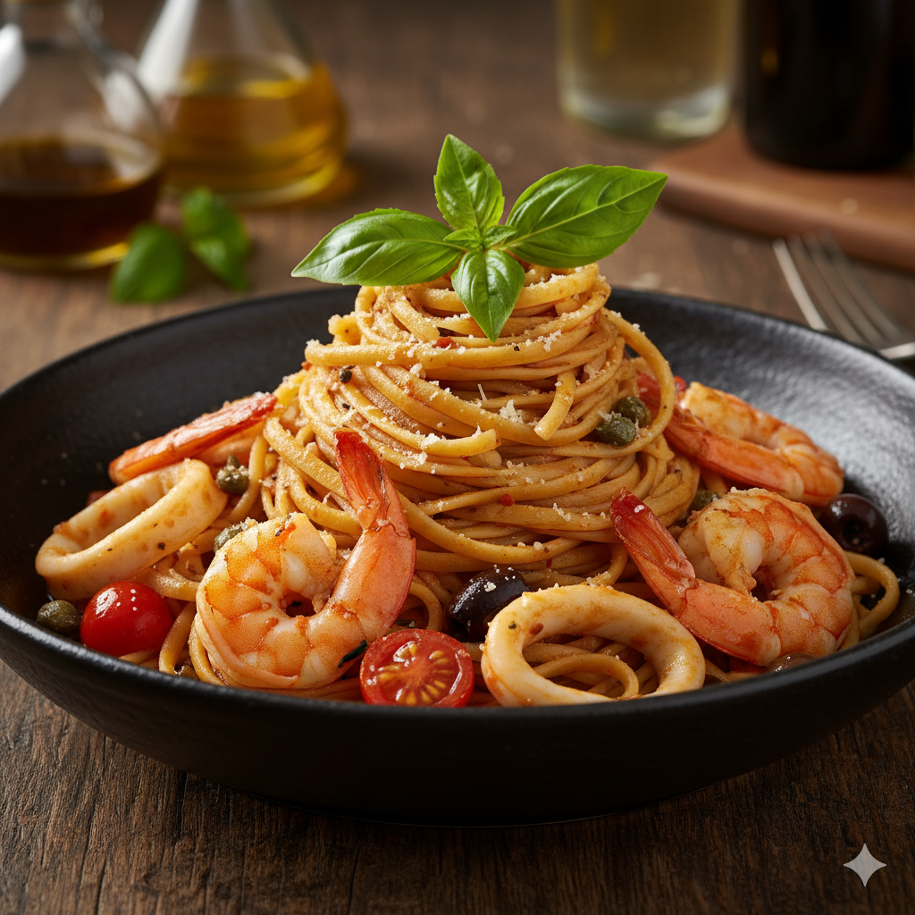 煙花女蝦醬海鮮義大利麵 (Puttanesca-Style Prawn & Seafood Linguine)